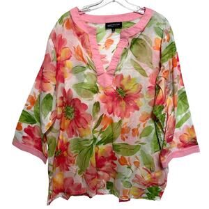 Jones New York Woman Pink Floral Tunic Womens Size 3X Colorful Cotton Top